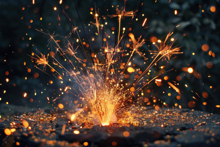Fountain of sparks is exploding in a shower of orange light on a dark backgroundの素材