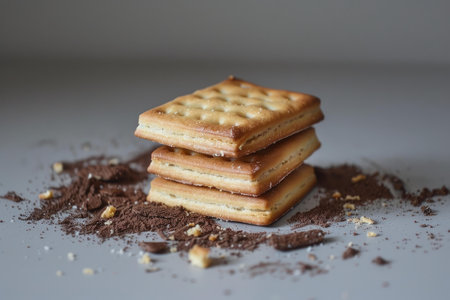 Three crackers are stacked on a surface covered with crumbs and chocolate powderの素材