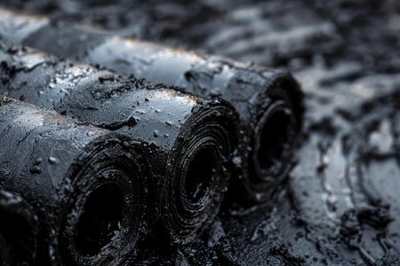 Close up of several rolls of black roofing felt covered with bitumen, ready for installationの素材