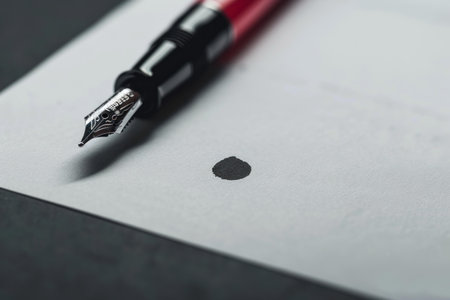 Red and black fountain pen is leaving an ink spot on a paperの素材