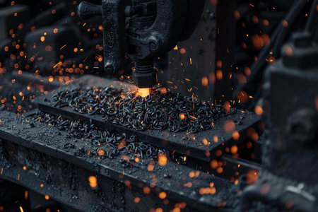 Industrial machine is working metal with sparks flying around in the factoryの素材