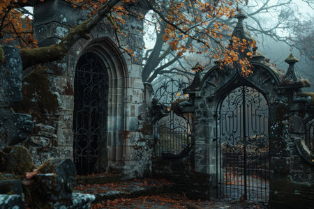 Moss growing on ancient stone gate marking the entrance to a mysterious overgrown cemeteryの素材