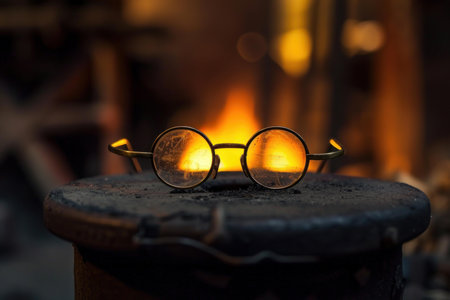 Round glasses are reflecting the warmth of a fireplace in a workshopの素材