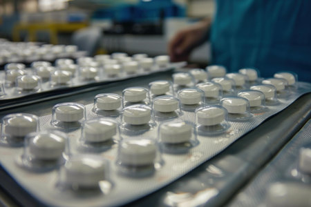 Rows of white pills being packaged by a pharmaceutical factory workerの素材