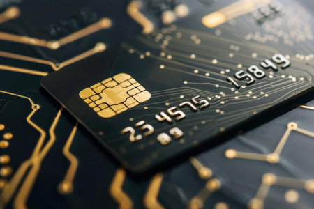 Credit card is lying on top of a circuit board representing digital payment and online bankingの素材