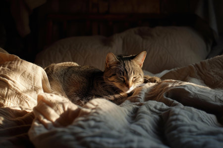 Peaceful tabby cat sleeps on a cozy bed, basking in warm sunlightの素材