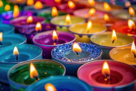 Many colorful round tealight candles are burning with flames and creating a warm atmosphereの素材