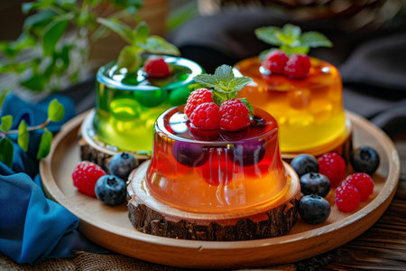 Delicious fruit jelly desserts with fresh raspberries, blueberries and mint leaves are served on a wooden trayの素材