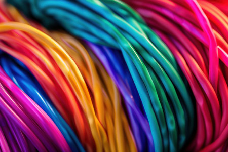 Close up of colorful electrical wires forming an abstract pattern backgroundの素材