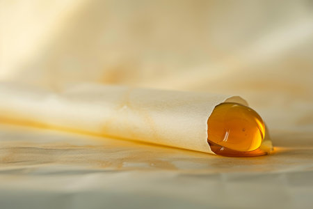 Baking paper is wrapped around delicious golden honey, ready for storage or useの素材
