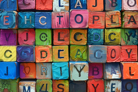 Background of colorful wooden alphabet blocks showing signs of wear and tearの素材