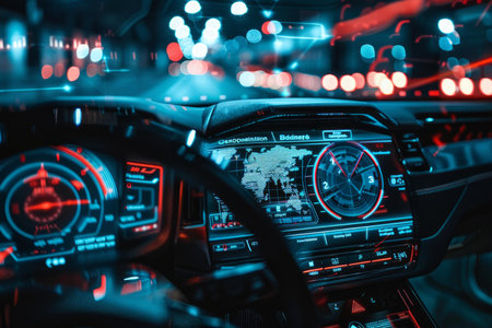Futuristic car showing its navigation system and digital dashboard while driving through a city at nightの素材