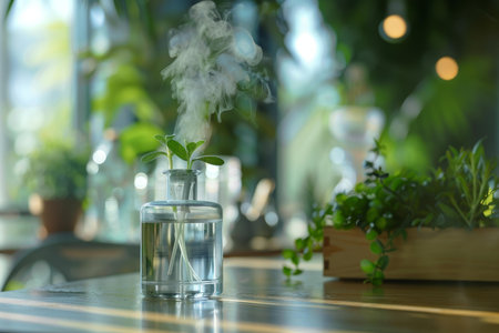 Glass aroma diffuser releasing fragrant aromatherapy oil mist in a bright green environmentの素材