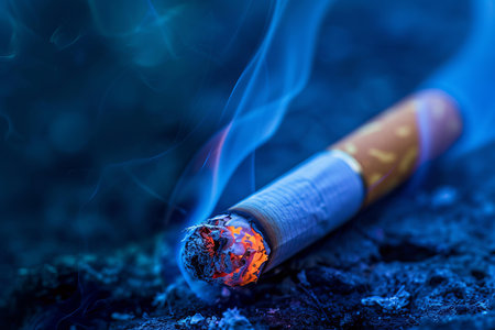 Cigarette is smoldering, creating a wispy trail of smoke against a dark blue backgroundの素材