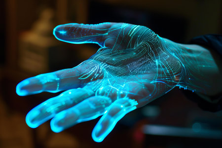 Glowing blue digital lines flowing from a hand representing artificial intelligence and advanced technologyの素材