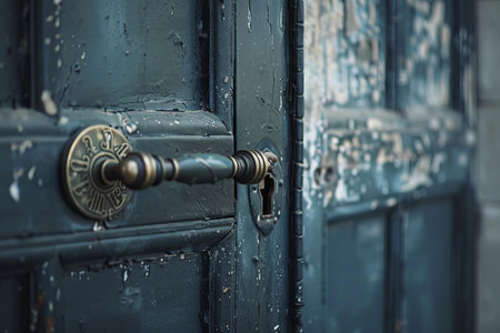 Closeup of an old wooden door with metal handle is being unlocked with a keyの素材