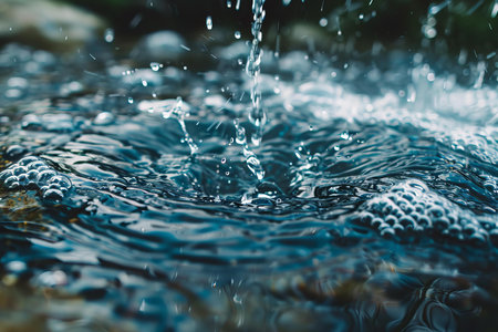 Water is falling and splashing on a blue water surface creating bubblesの素材