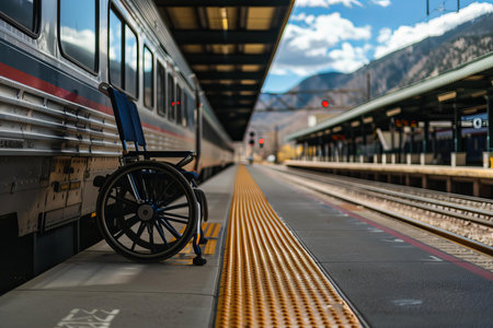 Empty wheelchair sits on a train platform, waiting for its owner to arrive and use it to board the trainの素材