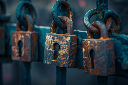 Close up of rusty padlocks locking a metal fence outdoorsの素材