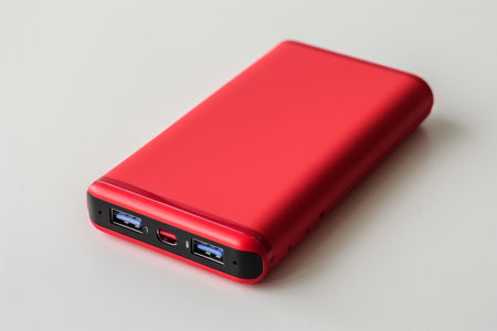Red power bank charging electronic devices with usb portsの素材