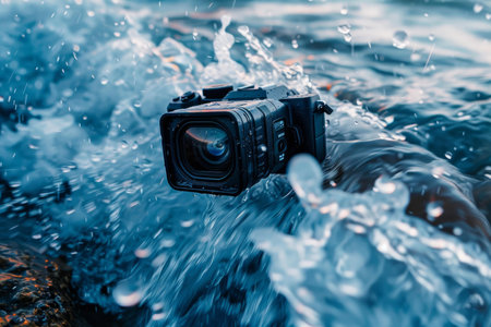 Professional camera is getting splashed by an ocean waveの素材