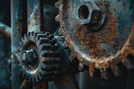Rusty gears showing the passage of time are forming an abstract mechanical backgroundの素材