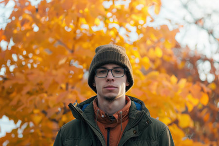 Young man wearing glasses and a beanie is posing in front of a tree with yellow leaves during autumnの素材