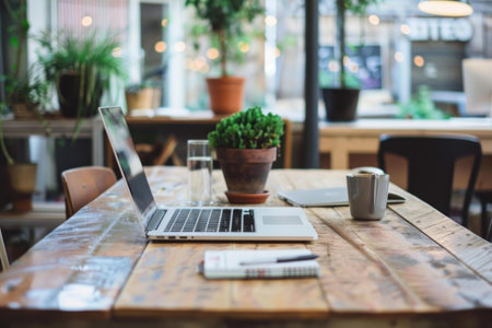 Laptop is open on a desk, waiting for a user to return for work or leisureの素材