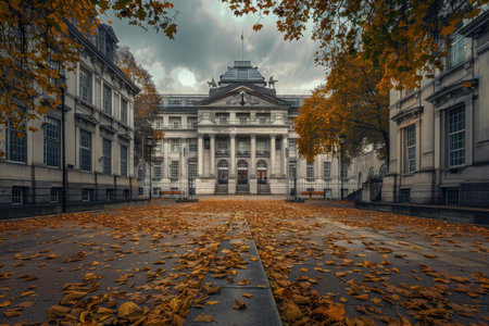 Wide angle shot of a historic neoclassical building facade on an autumn day, with fallen leaves covering the groundの素材