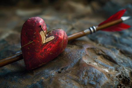 Red wooden heart with cupids arrow through it is laying on a rock, symbolizing love and romanceの素材