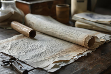 Old newspapers are rolled up on a wooden table with vintage supplies in the backgroundの素材