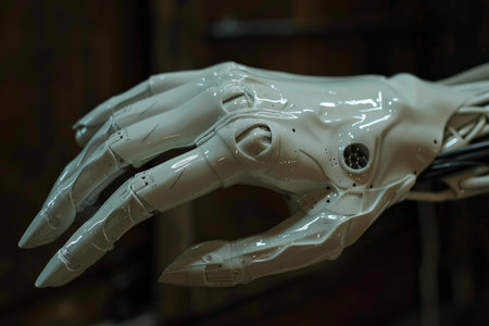 White robot hand with articulated fingers is reaching out in a dark workshopの素材