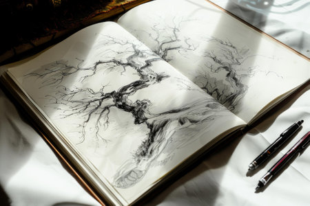 Open sketchbook is laying on white fabric, sunlight is illuminating a detailed pen and ink drawing of a treeの素材