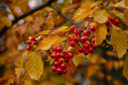 Branch of small red berries grows among golden leaves, signaling the arrival of autumnの素材