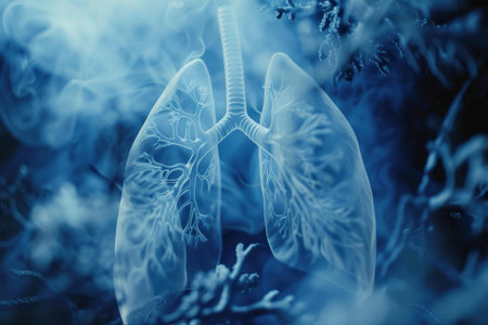 3d rendering of a pair of human lungs surrounded by a virus or bacteria, illustrating a medical conceptの素材