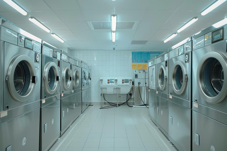 Modern industrial washing machines with chrome elements standing in a row in an empty public laundry roomの素材