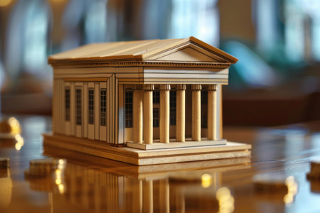 Miniature model of a bank building with columns sitting on a table surrounded by stacks of coinsの素材