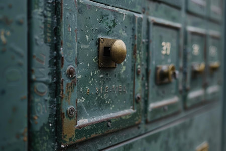 Row of aged mailboxes with peeling paint reveals the passage of timeの素材