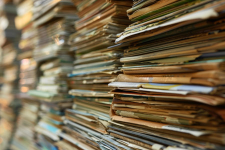 Stacks of old papers and magazines are forming a textured background, perfect for vintage and historical designsの素材