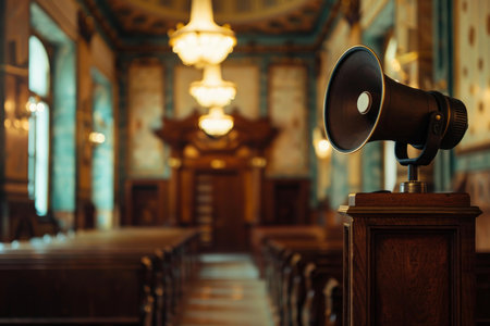 Vintage megaphone is standing on a wooden pedestal in an empty ornate courtroom, suggesting an upcoming announcementの素材