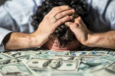 Businessman is experiencing financial stress, holding his head in his hands over a table covered with us dollar billsの素材
