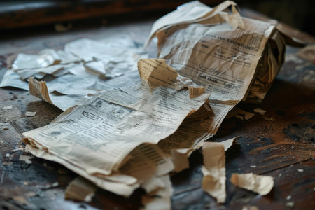 Torn vintage newspapers are lying on a wooden table, showing the passage of time and the fragility of informationの素材