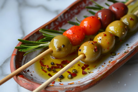 Green and kalamata olives and tomatoes appetizer skewers seasoned with herbs and spices laying on a white and red ceramic plateの素材