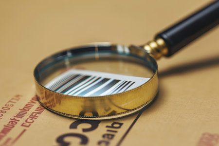 Magnifying glass is being used to examine a barcode on a cardboard packageの素材