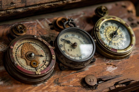 Three vintage pocket watches are laying on a piece of wood grain, showing the wear and tear of timeの素材