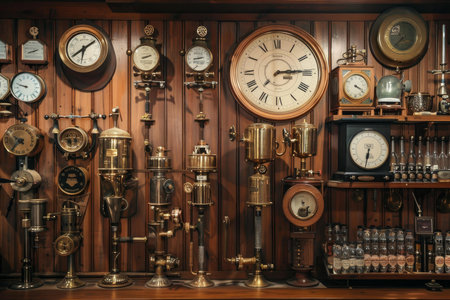 Collection of antique clocks and gauges are hanging on a wooden wall, showcasing the intricate craftsmanship and timeless appeal of these vintage instrumentsの素材