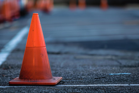 Single orange traffic cone is standing on a gray asphalt road, with other cones blurred in the backgroundの素材