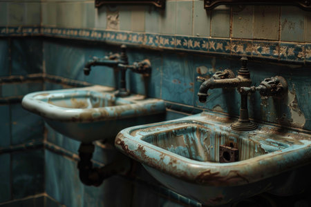 Two old, worn sinks are gathering dust in an abandoned bathroom with blue tilesの素材