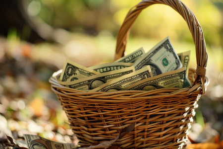 Wicker basket overflowing with one dollar bills sits in a lush, natural settingの素材