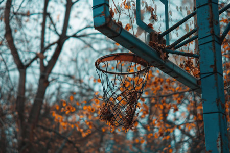 Old basketball hoop with a torn net is covered with dry autumn leaves, evoking a feeling of melancholy and abandonmentの素材